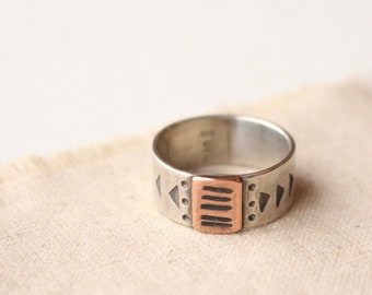 Rustic Copper & Silver Stamped Band Ring, Mixed Metal Unisex Wide Band Ring, Handmade Southwest Ring