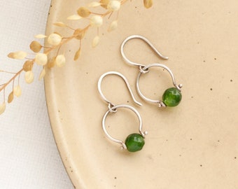 Jade La Cloche Earrings, Rustic Green Gemstone Earrings, Dainty & Lightweight Earrings, Handmade Silver Earrings, Pinned Jade Earrings, Jade