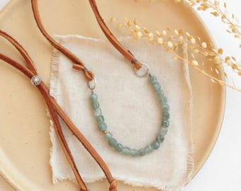 Green Apatite Adjustable Leather Necklace, Rustic Gemstone Necklace, Brown Leather Hide Necklace, Earthy Jewelry