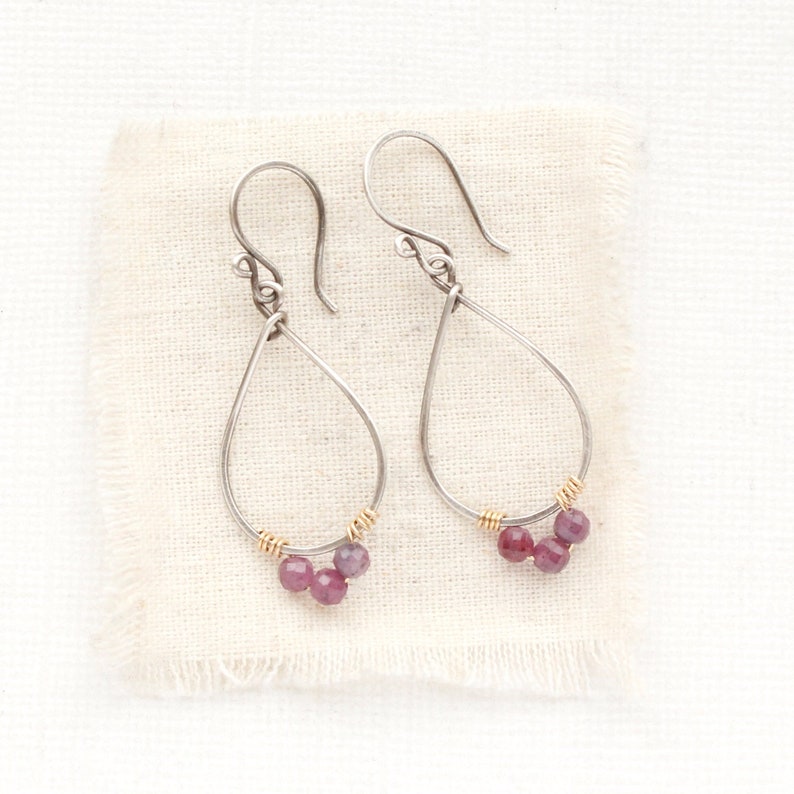 Purple Ruby Wrapped Teardrop Hoop Earrings, Unique Mixed Metal Earrings, Gemstone Hoop Earrings, Delicate Lightweight Hoop Earrings image 1
