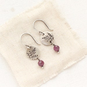 Mini Sprout Purple Ruby Dangle Earrings, Rustic Dainty Silver & Gemstone Earrings, Genuine Ruby Earrings, Little Leaf Earrings, Handmade image 1