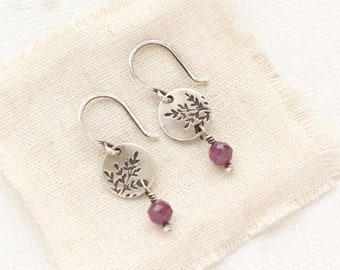 Mini Sprout Purple Ruby Dangle Earrings, Rustic Dainty Silver & Gemstone Earrings, Genuine Ruby Earrings, Little Leaf Earrings, Handmade