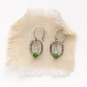 Emerald Isle Stacked Mini Hoop Earrings, Green & Blue Earrings, Forged Sterling Silver Dainty Earrings image 2