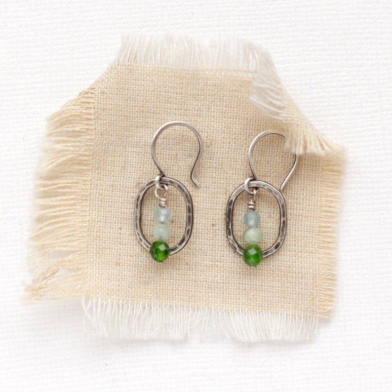 Emerald Isle Stacked Mini Hoop Earrings, Green & Blue Earrings, Forged Sterling Silver Dainty Earrings image 2