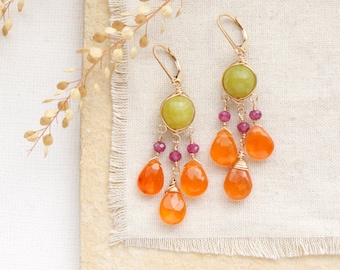 Marrakesh Gold Chandelier Earrings, Wrapped Olivine Jade, Genuine Ruby, & Warm Carnelian Statement Earrings, Colorful Chandelier Earrings