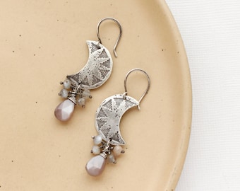 Pakal Moon & Peach Moonstone Cluster Earrings, Sterling Silver Moon and Celestial Stone Earrings, Rustic Moon Jewelry, Statement Earrings