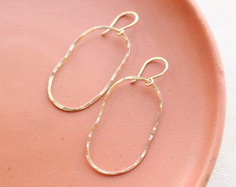 Organic Oval Hammered Gold Hoop Earrings