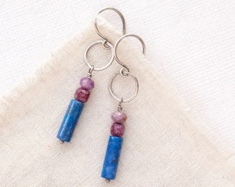 Alpine Bloom Sydney Hoop Earrings, Stacked Lapis, Ruby, Phosphosidierite Gemstone Earrings, Colorful Edgy Earrings, Handmade Earrings