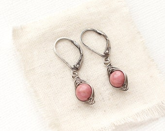 Perfect Wrap Rhodonite Earrings, Dainty Pink Gemstone Earrings, Lightweight Silver Earrings, Gifts For Her, Summer Earrings, Handmade