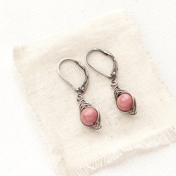 Perfect Wrap Rhodonite Earrings, Dainty Pink Gemstone Earrings, Lightweight Silver Earrings, Gifts For Her, Summer Earrings, Handmade