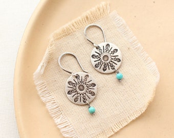 Turquoise Mayan Sun Disc Earrings, Sterling Silver Southwest Tribal Disc Earrings, Rustic Turquoise Earrings, Bohemian Silver Earrings