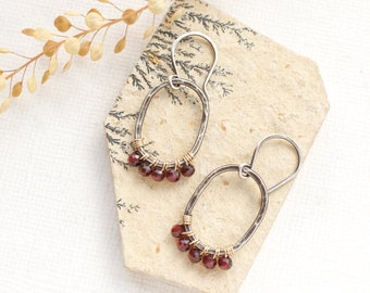 Garnet Wrapped Mixed Metal Oval Earrings, Sterling Silver and Gold Hoop Earrings, Garnet Hoop Earrings, The Perfect Red Holiday Earrings