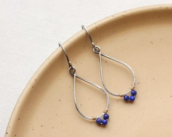 Teardrop Hoops with Lapis Mixed Metal Earrings