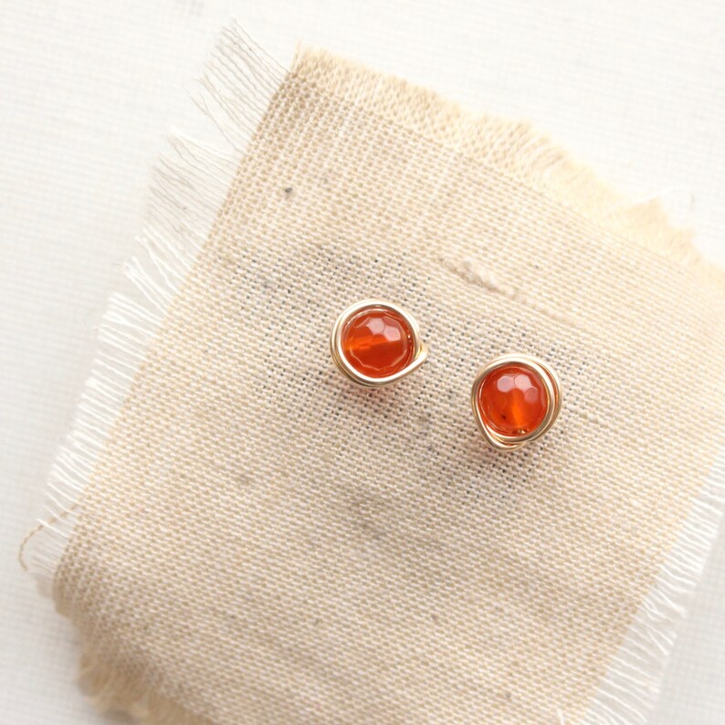 Wrapped Carnelian Gold Post Earrings, Carnelian Stud Earrings, Stone Posts image 2