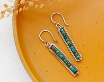 Chrysocolla Beaded Bar Earrings, Sterling Silver & Genuine Chrysocolla Bar Earrings, Unique Stone Bar Earrings, Everyday Southwest Earrings