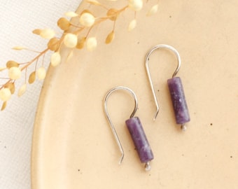 Sydney Lepidolite Lobe Hugger Earrings, Edgy Purple Gemstone Earrings, Dainty Dangle Earrings, Lightweight Silver Earrings, Handmade Jewelry