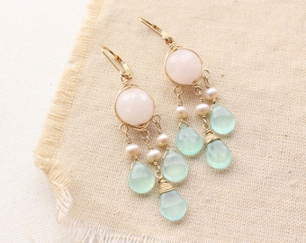 Rose Quartz, Pearl, & Chalcedony Gold Chandelier Earrings, Statement Stone Fringe Earrings, Genuine Wrapped Stones, Gold Earrings