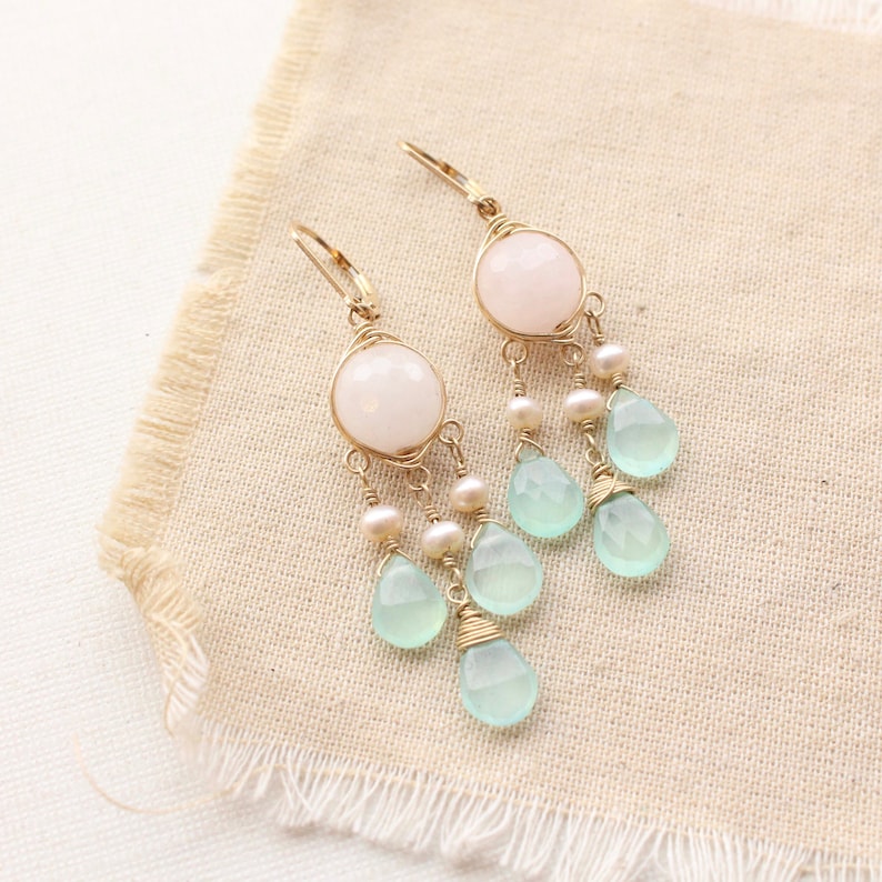 Rose Quartz, Pearl, & Chalcedony Gold Chandelier Earrings, Statement Stone Fringe Earrings, Genuine Wrapped Stones, Gold Earrings image 1