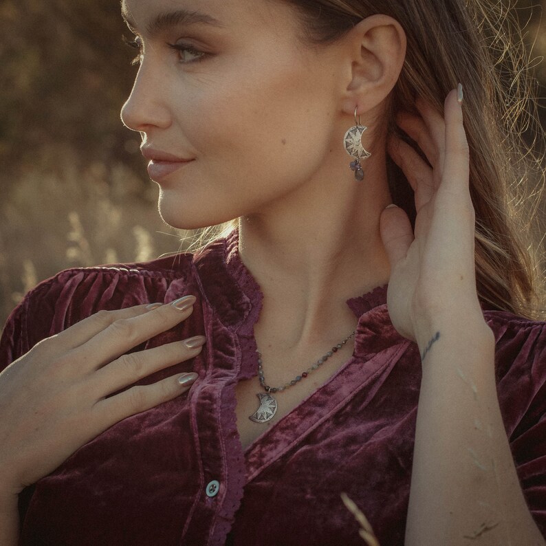 Pakal Moon Sapphire & Labradorite Cluster Earrings, Sterling Silver Celestial Earrings, Flashy Labradorite and Colorful Sapphire Earrings image 5