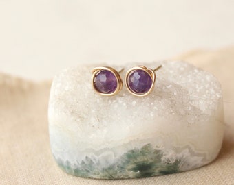 Wrapped Amethyst Gold Post Earrings