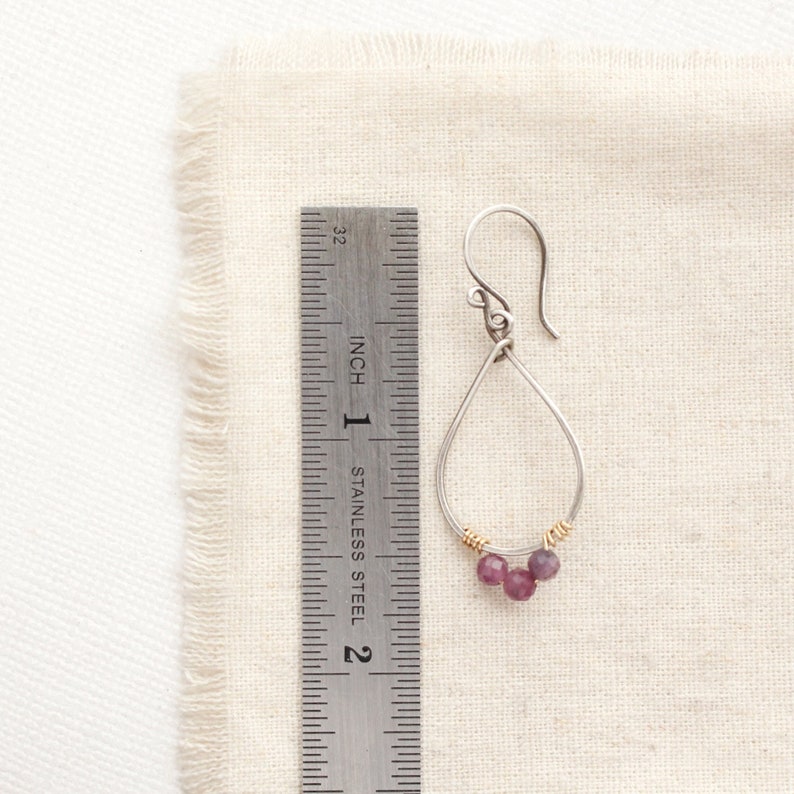 Purple Ruby Wrapped Teardrop Hoop Earrings, Unique Mixed Metal Earrings, Gemstone Hoop Earrings, Delicate Lightweight Hoop Earrings image 3