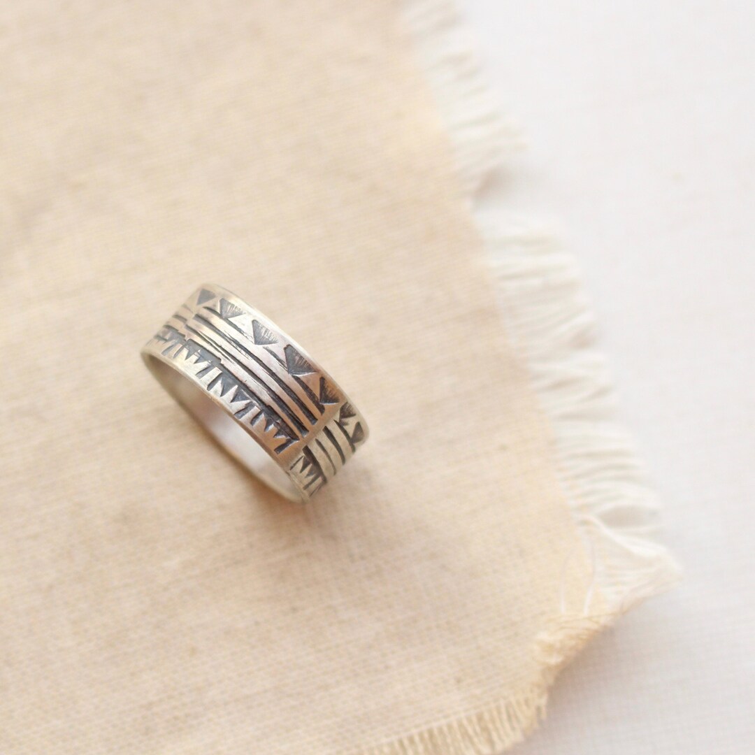Rustic Tribal Stamped Silver Band Ring, Sterling Silver Wide Band Ring ...