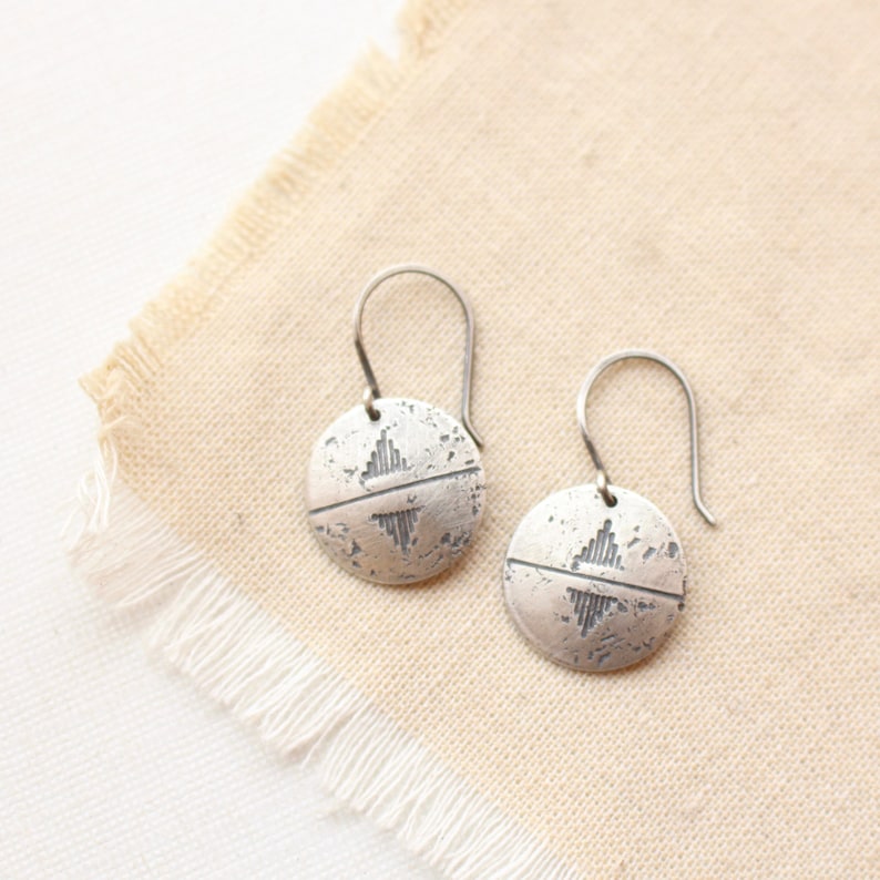 Pakal Stamped Silver Coin Earrings, Handmade Silver Disc Earrings, Southwest Inspired Silver Earrings, Everyday Silver Earrings, Giftable image 1
