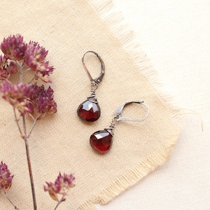 Garnet Drop Oxidized Silver Earrings, Elegant Deep Red Garnet Drops, Gifts For Her, Anniversary Gift