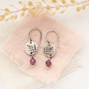 Mini Sprout Purple Ruby Dangle Earrings, Rustic Dainty Silver & Gemstone Earrings, Genuine Ruby Earrings, Little Leaf Earrings, Handmade image 2