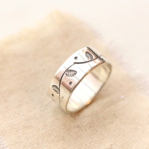 Stamped Leaf and Vine Wide Silver Band Ring, Wide Leaf Band Ring, Sterling Silver Stamped Garland Band Ring, Silver Thumb Ring image 1