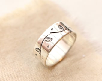 Stamped Leaf and Vine Wide Silver Band Ring, Wide Leaf Band Ring, Sterling Silver Stamped Garland Band Ring, Silver Thumb Ring
