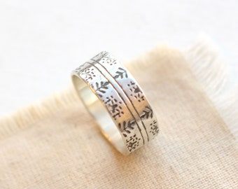 Nordic Sweater Stamped Silver Wide Band Ring, Silver Stamped Pattern Wide Band Ring, Silver Stacking Ring, Unique Band Ring, Unisex Ring