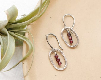 Stacked Garnet Mini Hoop Earrings, Forged Silver Mini Hoops with Genuine Red Garnet, Dainty Holiday Earrings, Lightweight Silver Earrings