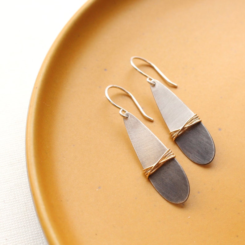 Dipped Silver Teardrop with Gold Wire Wrap Earrings, Modern Mixed Metal Earrings, Silver Teardrop Earrings, Lightweight Earrings image 1