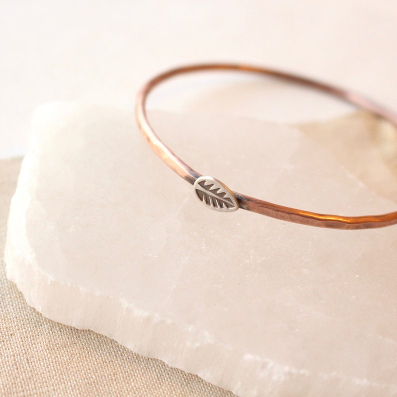 Hammered Copper Bangles with Stamped Silver Elements, Stacked Copper Bangles, Mixed Metal Bangles, Rustic Copper Bracelets Leaf