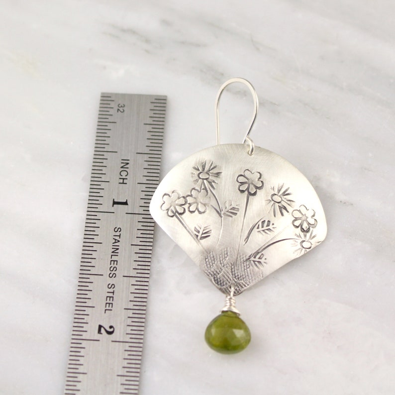 Stamped Wild Flower Fan with Green Garnet Earrings