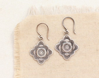 Talara Layered Sun Earrings, Sterling Silver Tribal Stamped Earrings, Southwest Statement Earrings