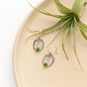 Emerald Isle Stacked Mini Hoop Earrings, Green & Blue Earrings, Forged Sterling Silver Dainty Earrings image 1