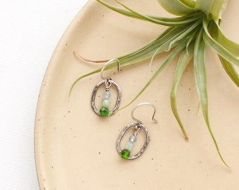 Emerald Isle Stacked Mini Hoop Earrings, Green & Blue Earrings, Forged Sterling Silver Dainty Earrings