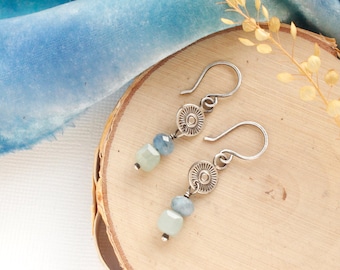 Talara Sun Aquamarine Earrings, Little Silver Sun Earrings, Dainty Gemstone Earrings, Tribal Inspired Jewelry, March Birthstone
