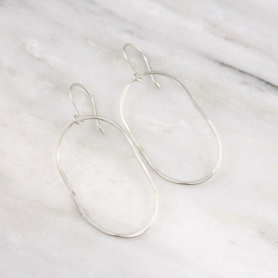 Lightly Hammered Medium Silver Hoop Earrings Sterling Silver Earrings Avocado Shaped Hoop Earrings Hammered Sterling Silver Oval Hoops