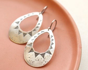 Pakal Teardrop Cutout Stamped Silver Earrings