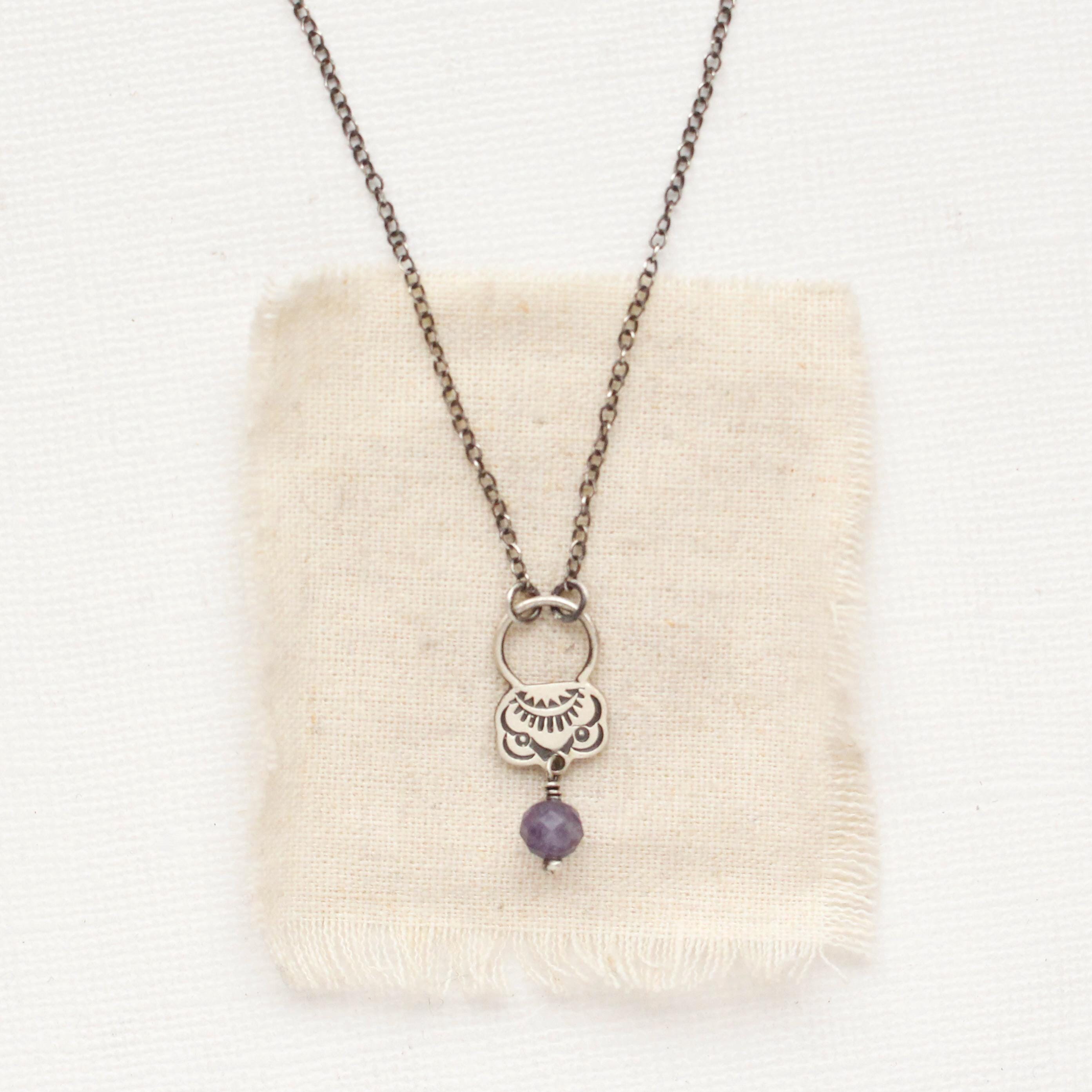 Jolie Lepidolite Necklace, Romantic Silver Necklace, Purple Gemstone Necklace, Hand Stamped Silver Jewelry, Vintage Inspired Jewelry