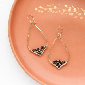 Black Spinel Cluster Pointed Gold Hoop Earrings, Elegant Big Hoops, Gold Hoop Earrings, Date Night Earrings, Event Earrings