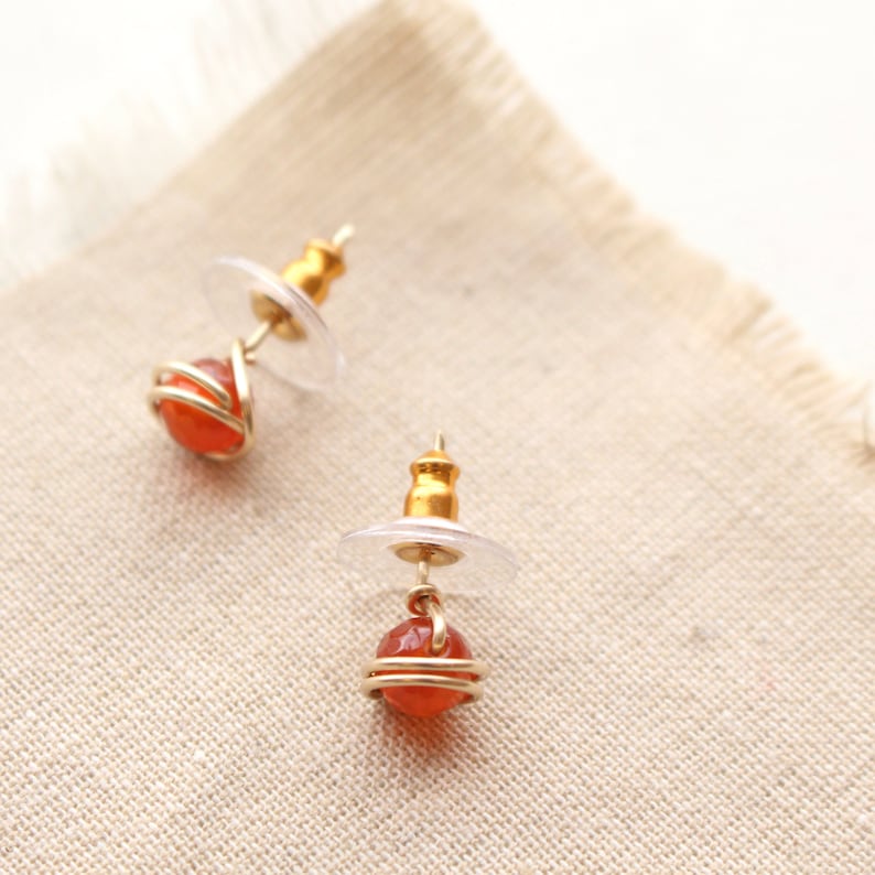 Wrapped Carnelian Gold Post Earrings, Carnelian Stud Earrings, Stone Posts image 3