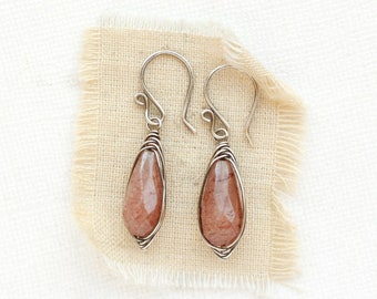 Sterling Silver Wrapped Strawberry Quartz Drop Earrings, Pink Teardrop Stone Earrings