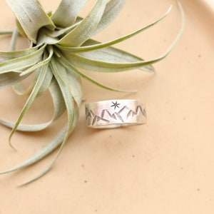 Mountains & Stars Unisex Stamped Silver Band Ring, Sterling Silver Wide Band Ring, Rocky Mountain Ring, Colorado Mountain Jewelry, Stacking image 3