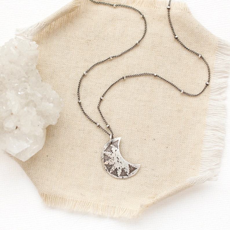 Pakal Stamped Silver Moon Necklace, Sterling Silver, Celestial Pendant Necklace, Rustic Moon Necklace, Layering Moon Necklace image 1