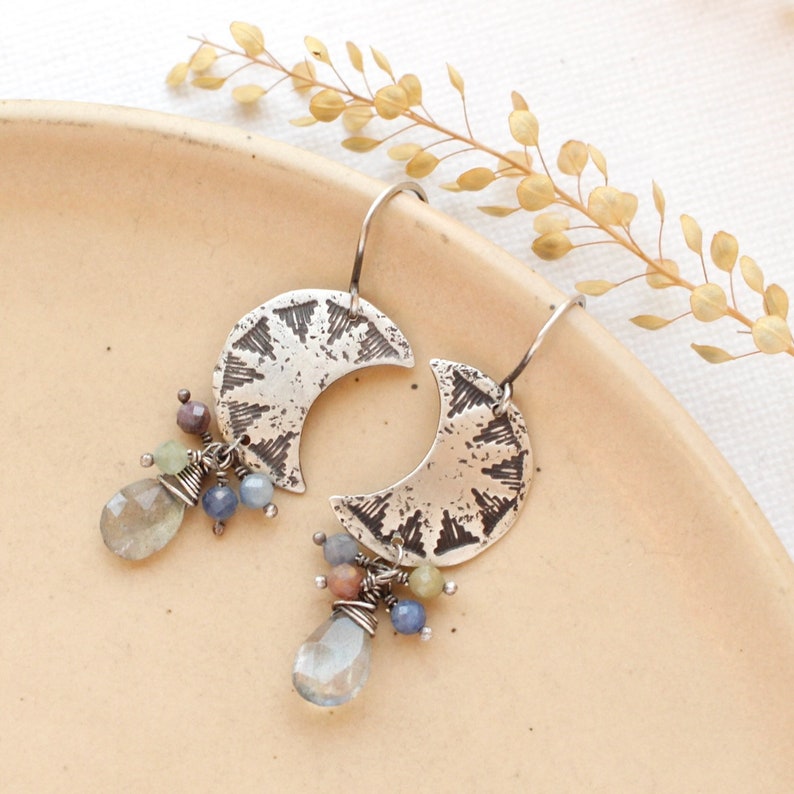 Pakal Moon Sapphire & Labradorite Cluster Earrings, Sterling Silver Celestial Earrings, Flashy Labradorite and Colorful Sapphire Earrings image 2