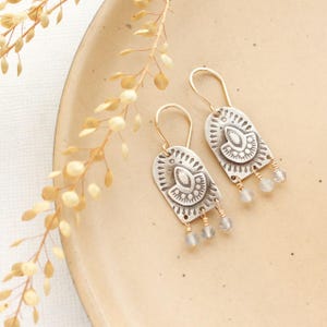 Wanderer Arch Labradorite Earrings, Mixed Metal Statement Earrings, Unique Elegant Neutral Earrings, Boho Earrings, Hand Stamped Earrings